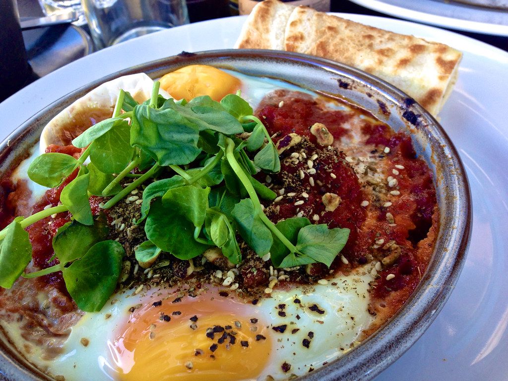 Close up photo of a Mediterranean Shakshuka breakfast.