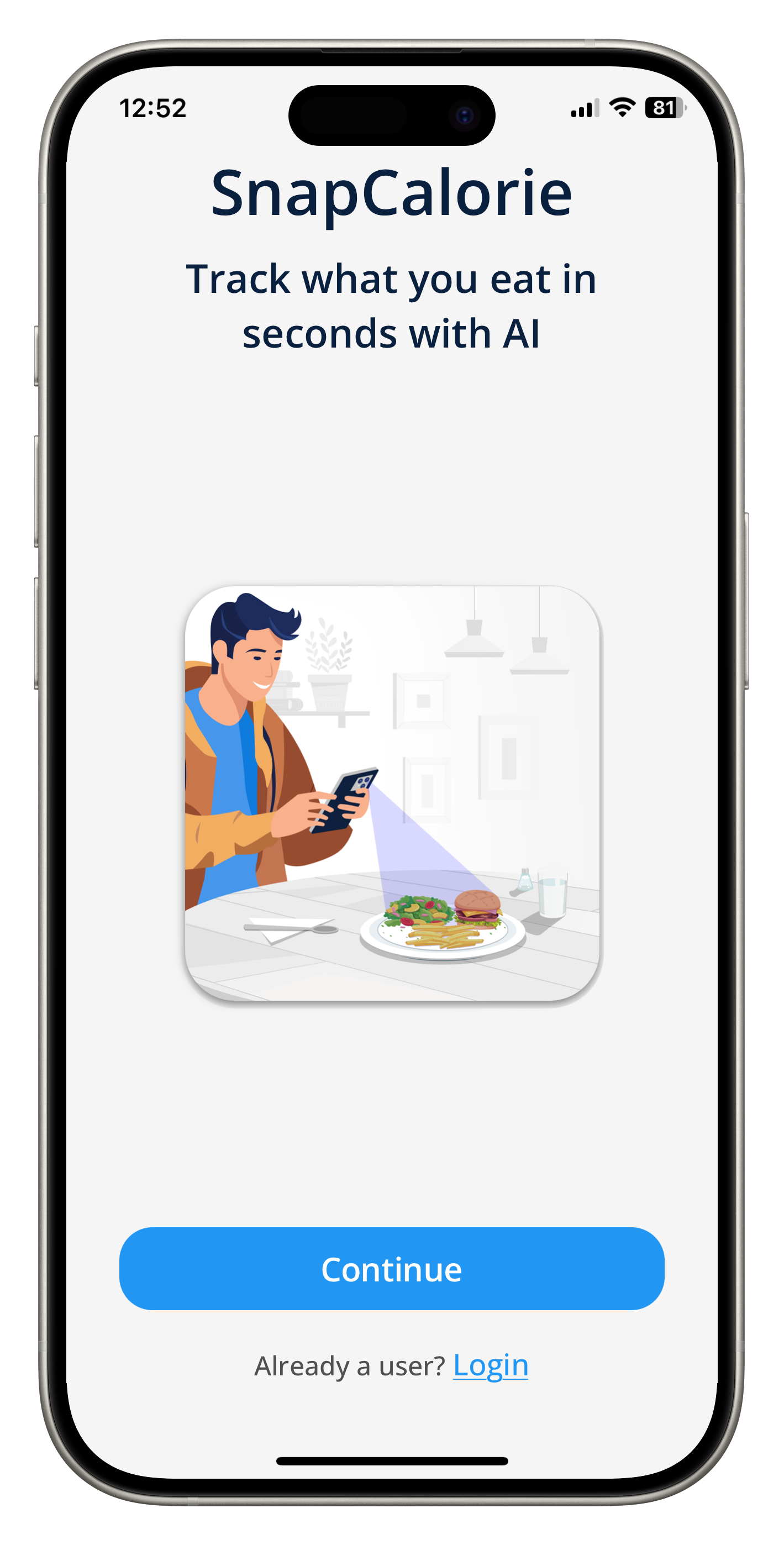 Screenshot of the welcome flow from the SnapCalorie AI calorie counting app.